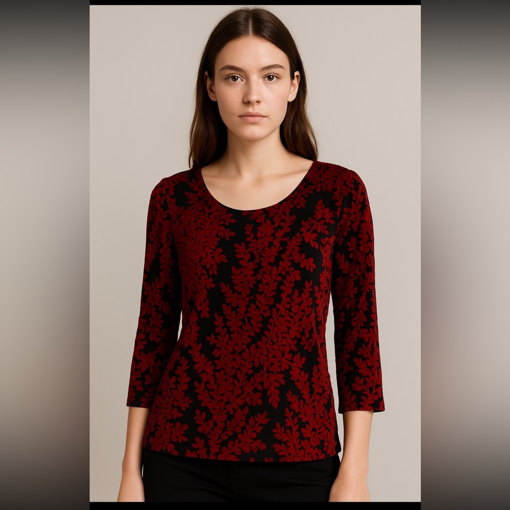 Laura Petites Velvet Burnout Floral Top Woman Medium Red Black 3/4 Sleeve Fairy